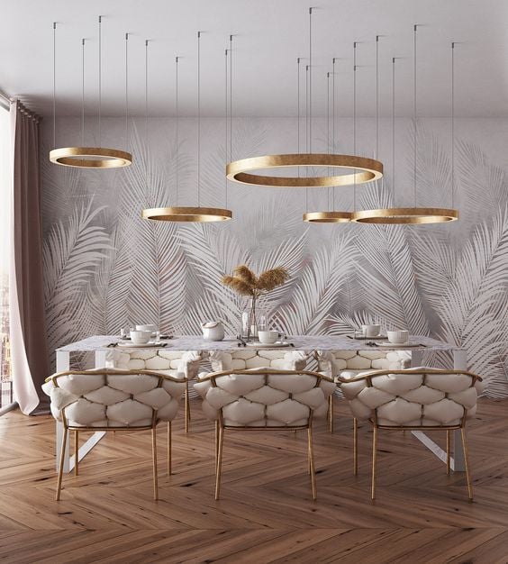 Dining room with round lamps.