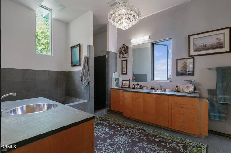 Bathroom with two sinks.