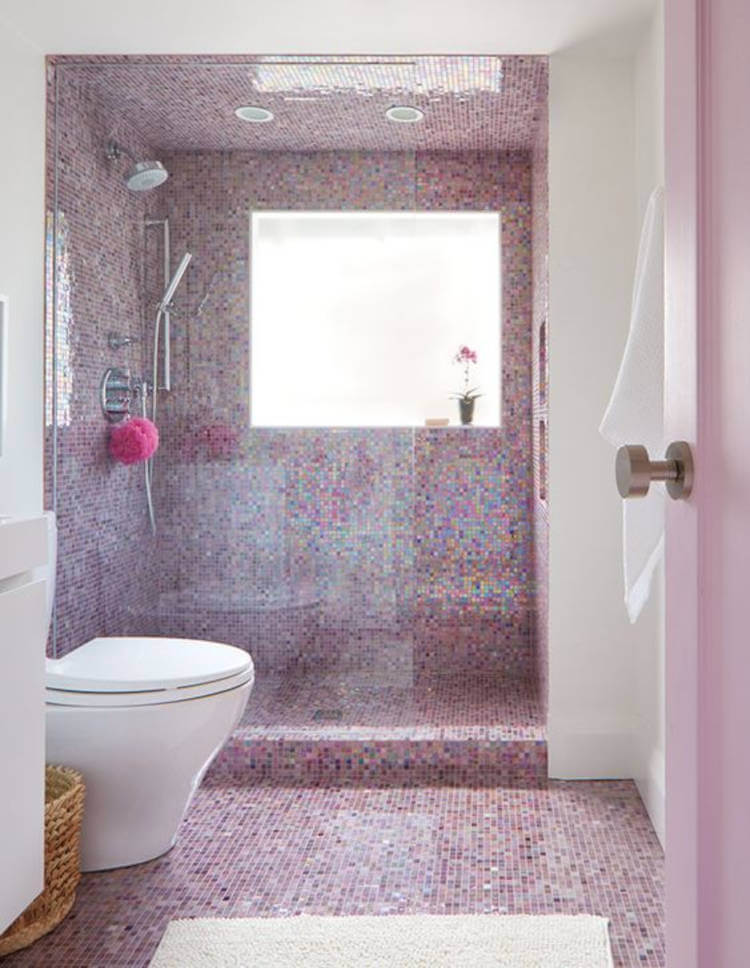 Pink and white bathroom.