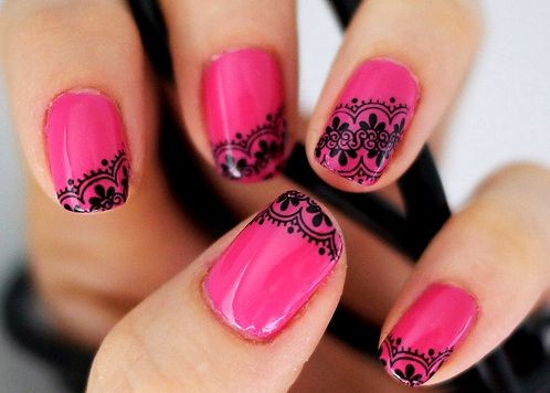 Nail Decorations 2015 pink with black flowers