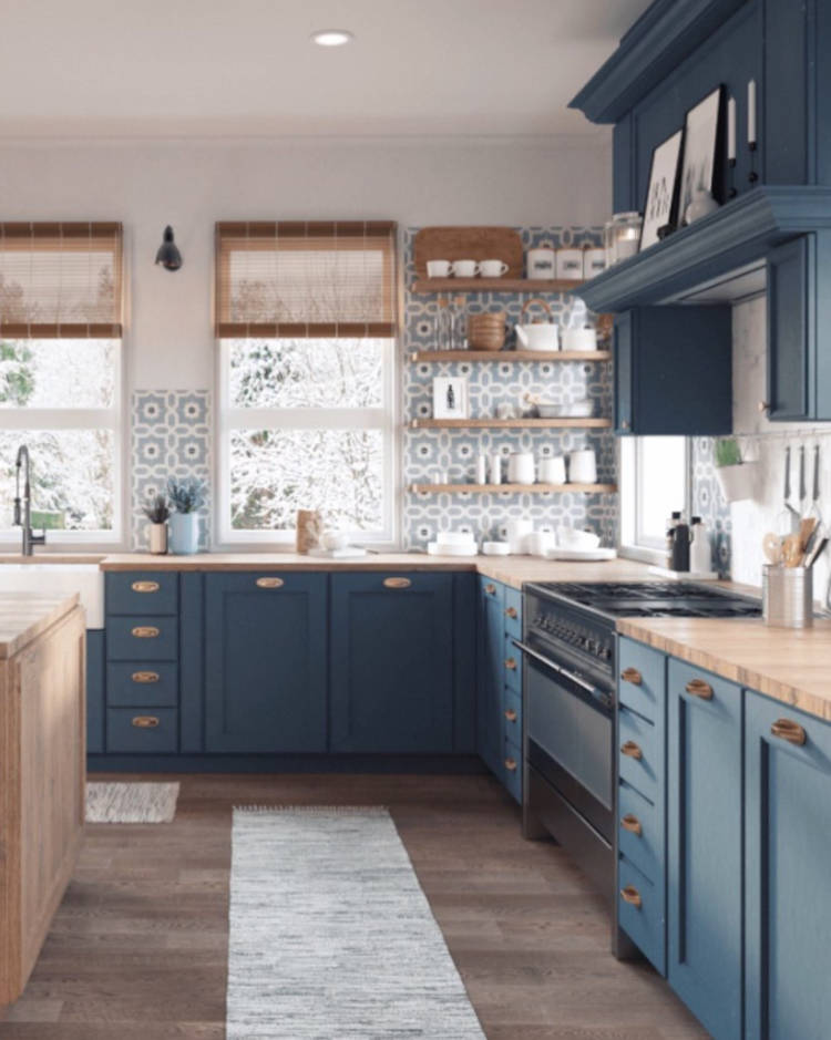 Kitchen with blue cabinet. 