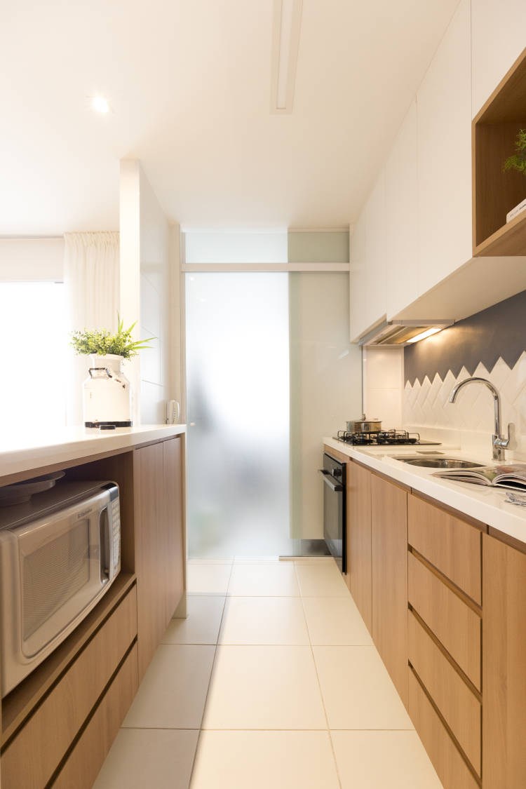 Kitchen with wooden cabinets.