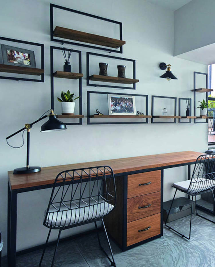 Industrial decor with wooden shelves.