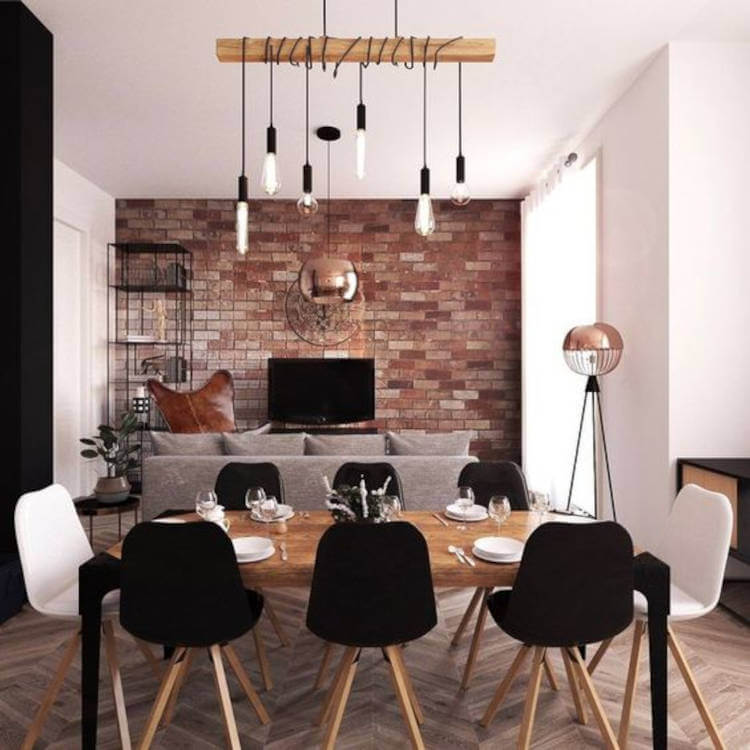 Industrial decor in living and dining rooms.