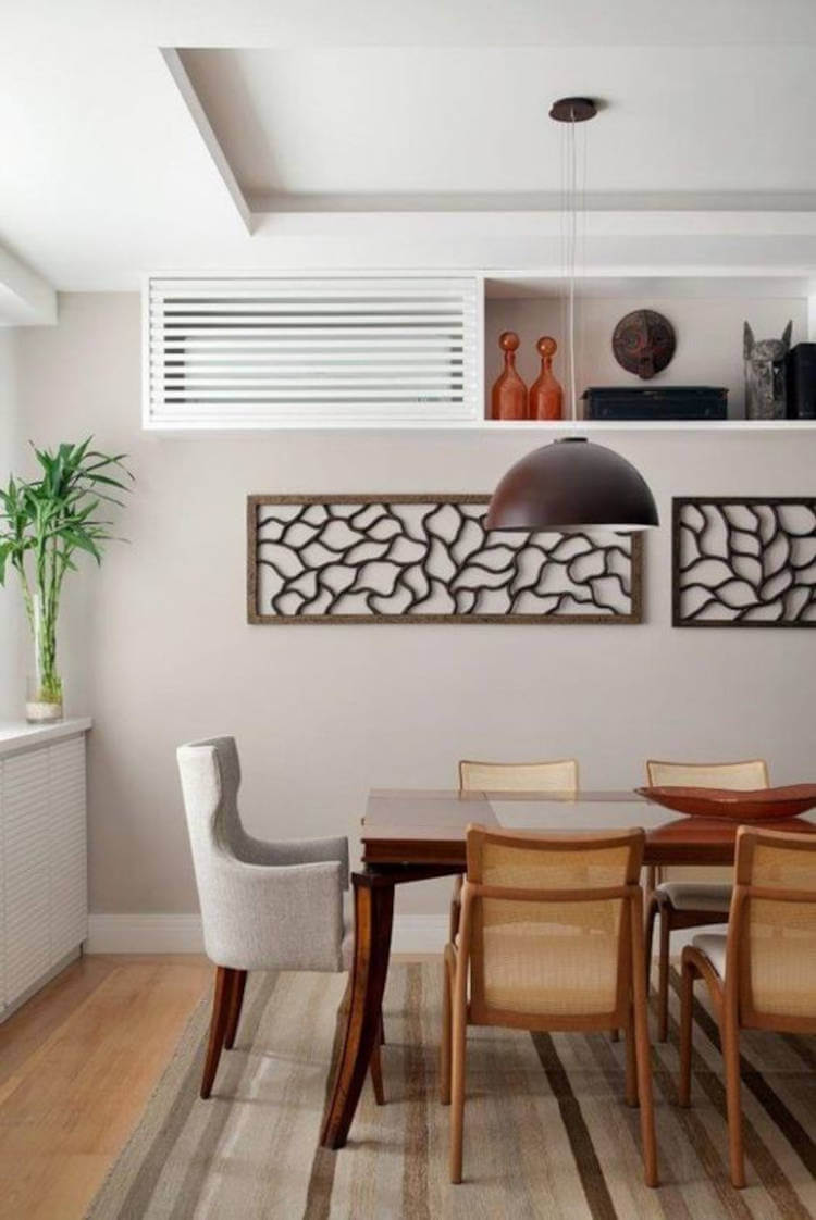 Dining room decorated in neutral colors.