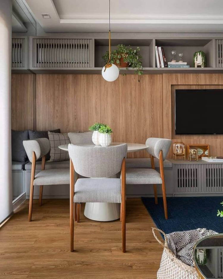 Living and dining room with gray niches.