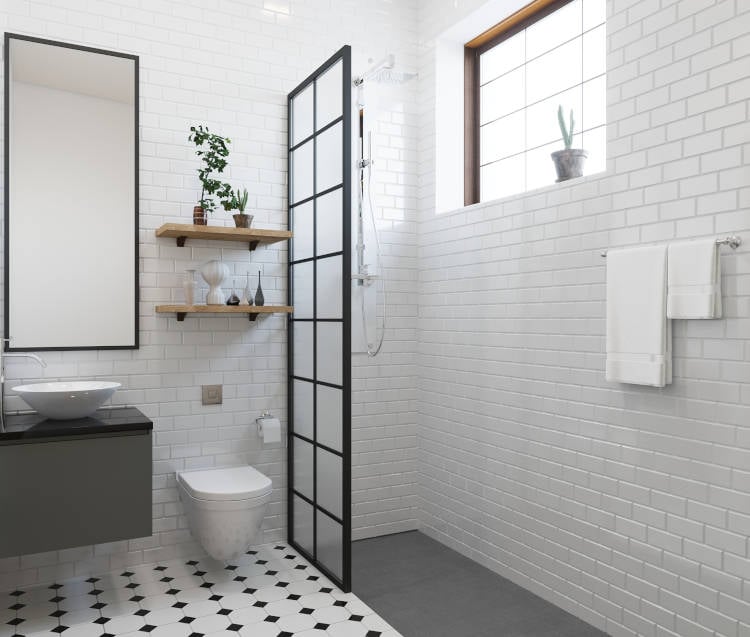 white, black and gray bathroom