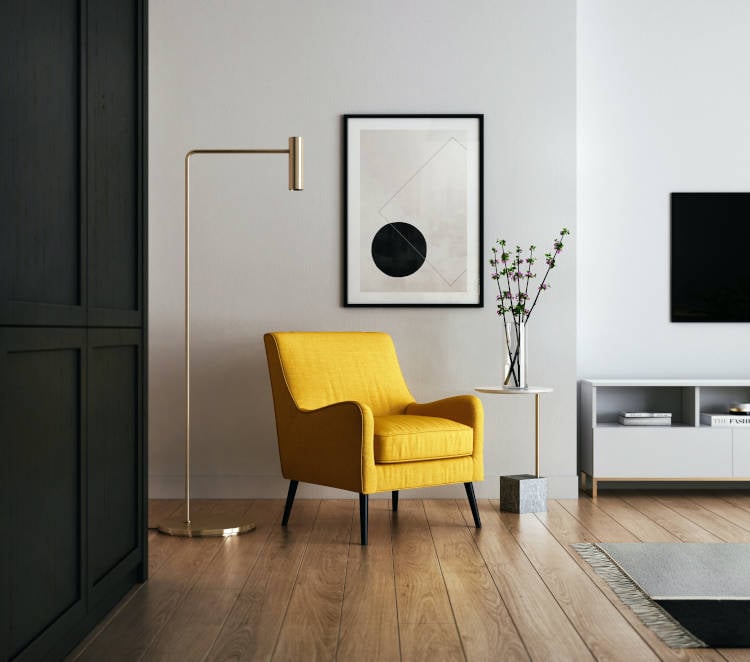 gray and yellow living room