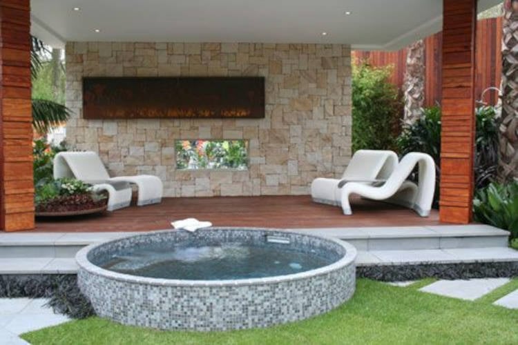 Balcony with fireplace.