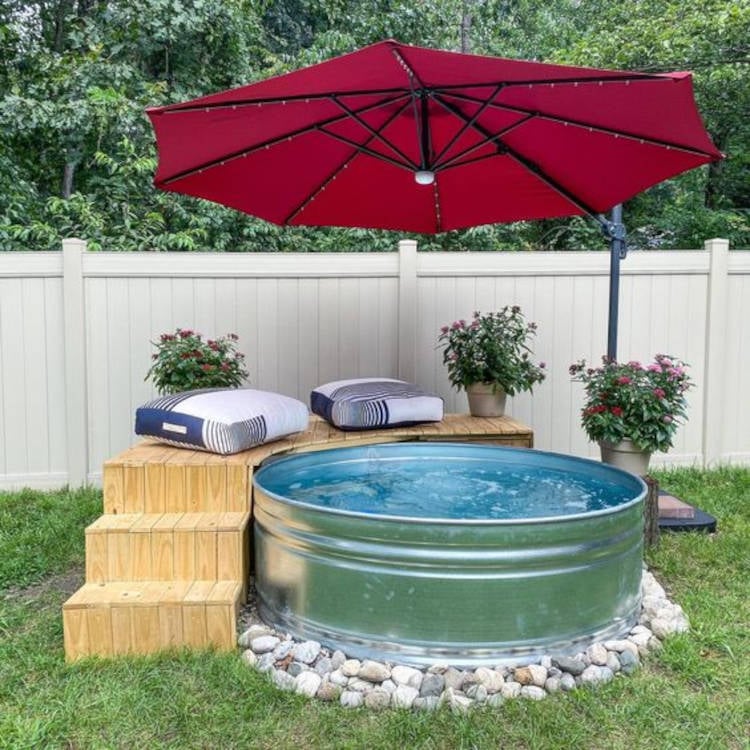 Round wooden pool deck. 