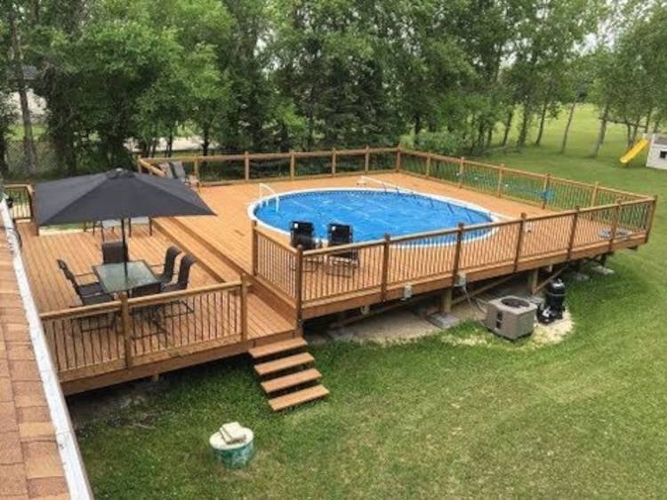 Raised wooden deck. 