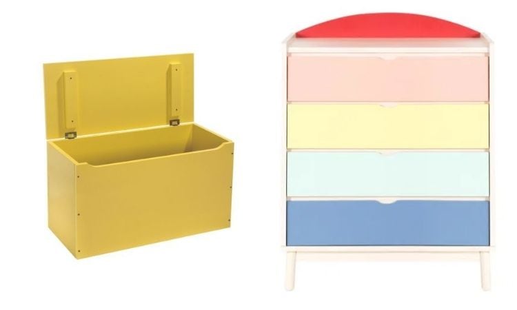 yellow chest and colorful dresser