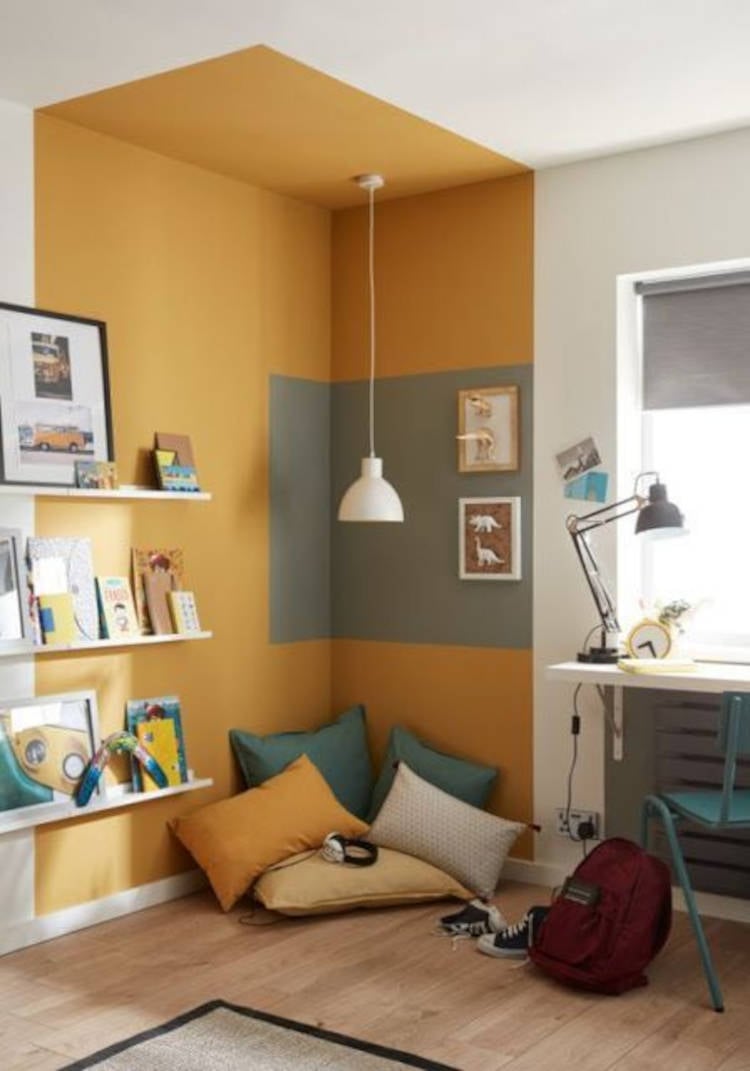 Gray and mustard decor.