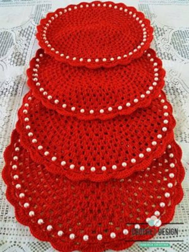 Red crochet with pearl embroidery.