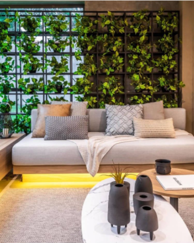 Living room with sofa and wall lined with plants.