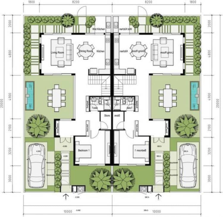 Project with leisure area with swimming pool. Semi-detached house project.