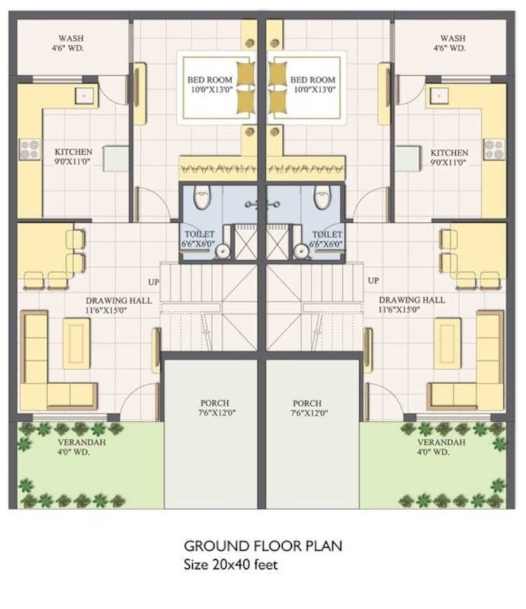 Semi-detached house with backyard. Project of two two-story houses.