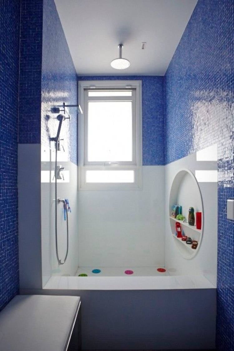 Blue and white bathroom.