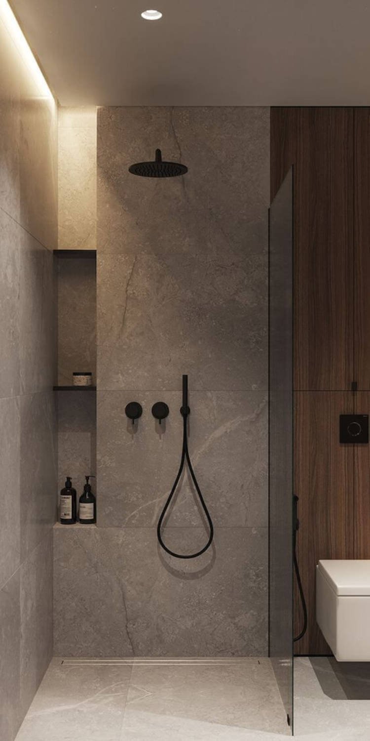 Gray and black bathroom.