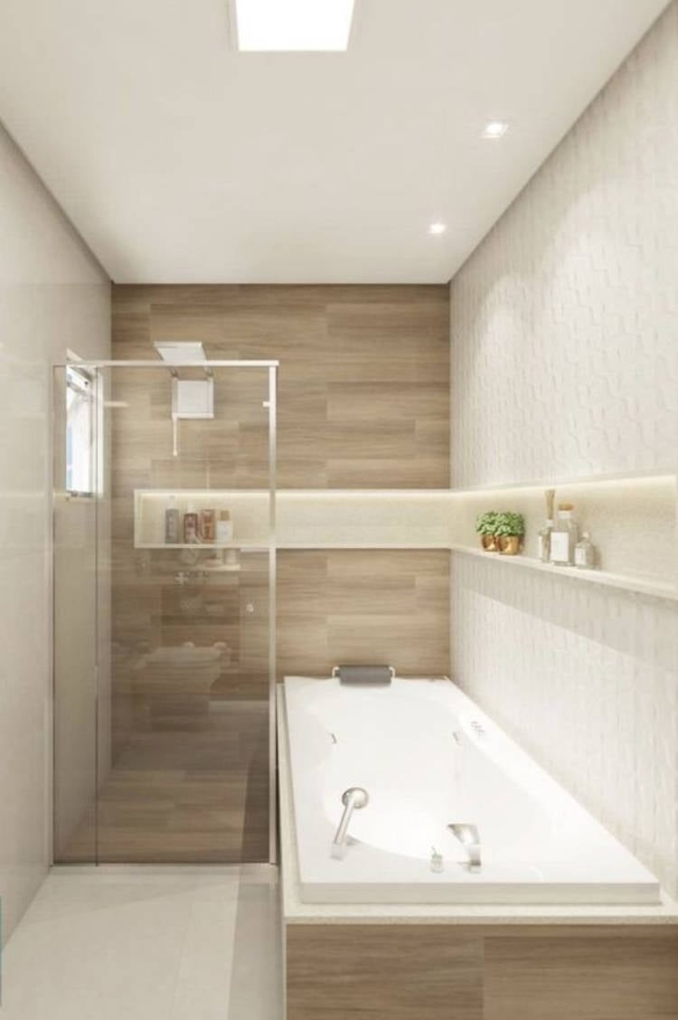 White and woodsy bathroom.