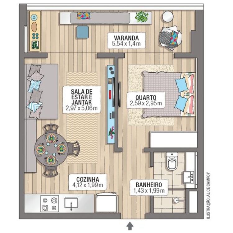 Floor plan of house with furniture and colorful.