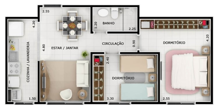 House with two bedrooms, living room, kitchen and bathroom.