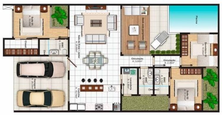 Single storey house plan with swimming pool.