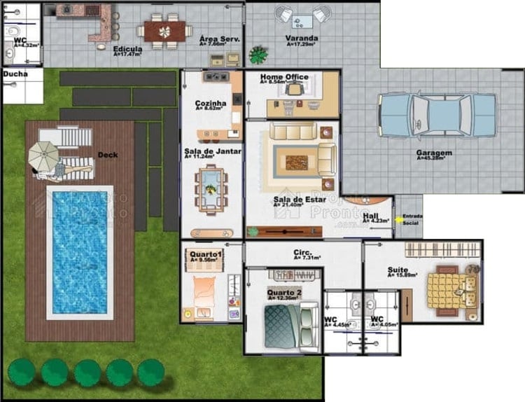 Single storey house plan with service area integrated with the leisure area.