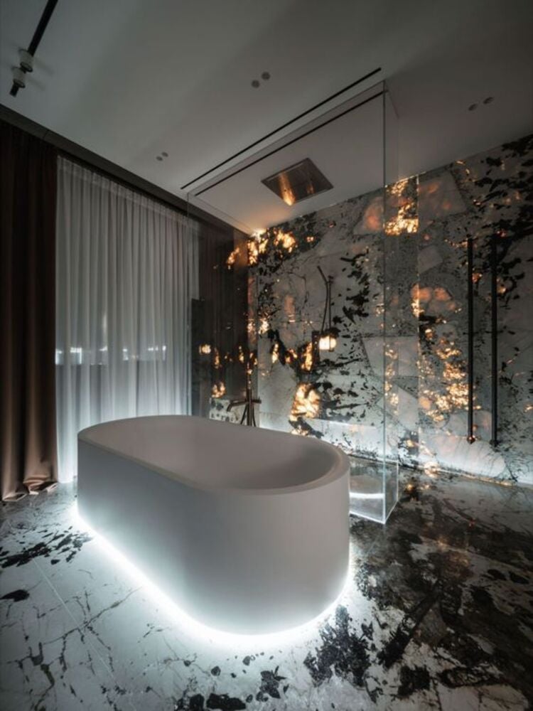 Luxury bathroom with different lighting.