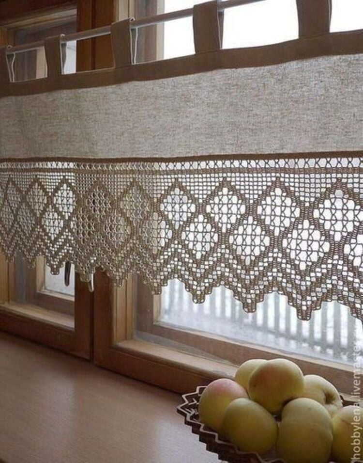 Crochet and fabric curtain.