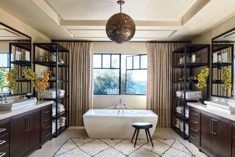 Brown and white bathroom.