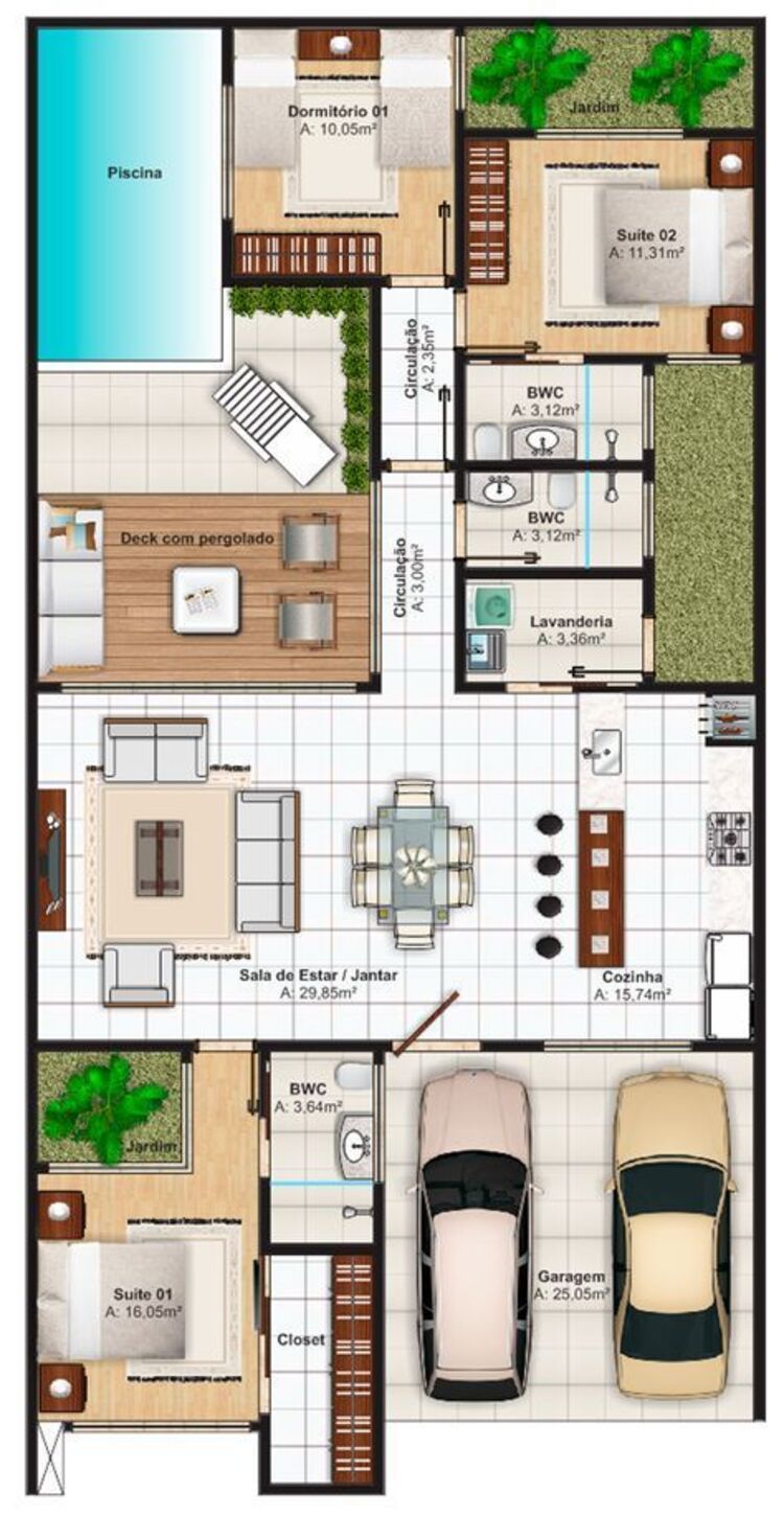 Floor plan of house with pool.