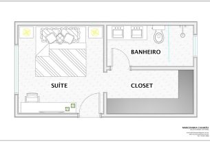 Planta de quarto com closet e banheiro.