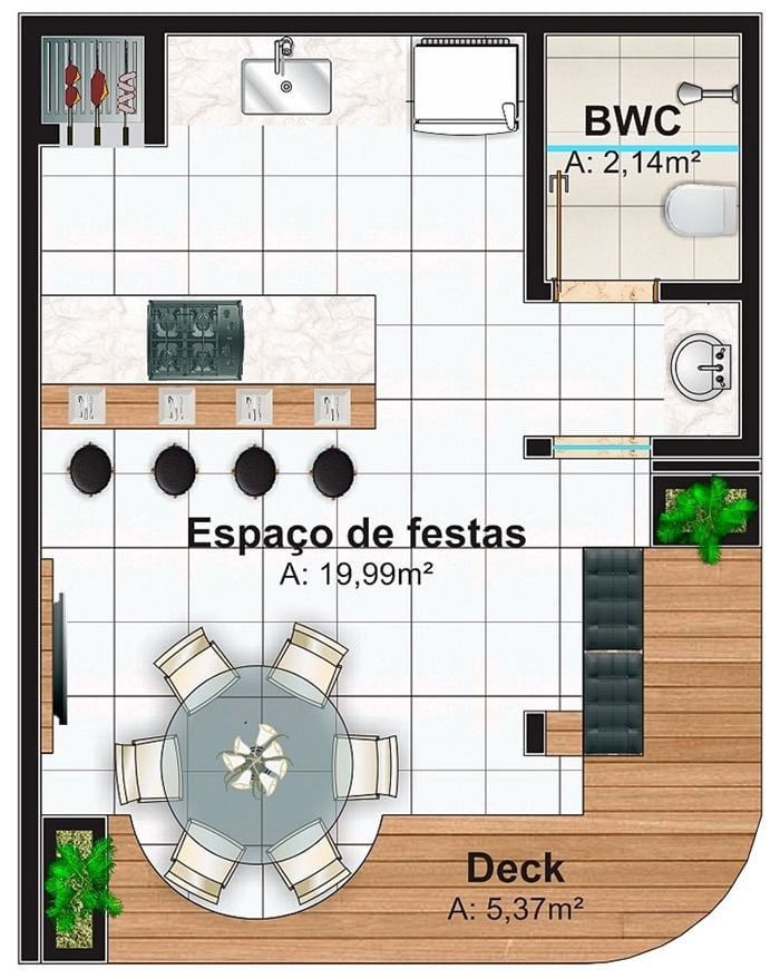 Floor plan of leisure area with round table.