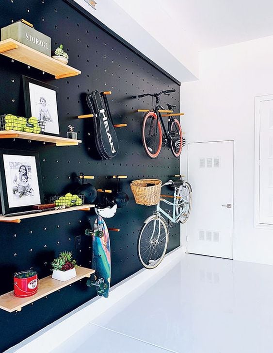 Garage with sports items.