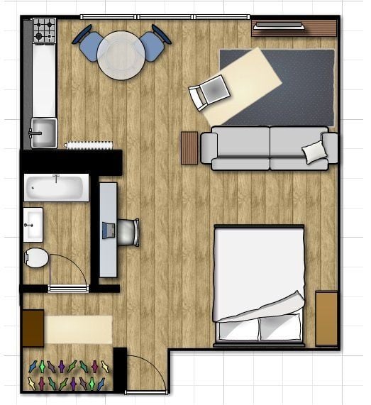 Kitnet plan with bathtub.