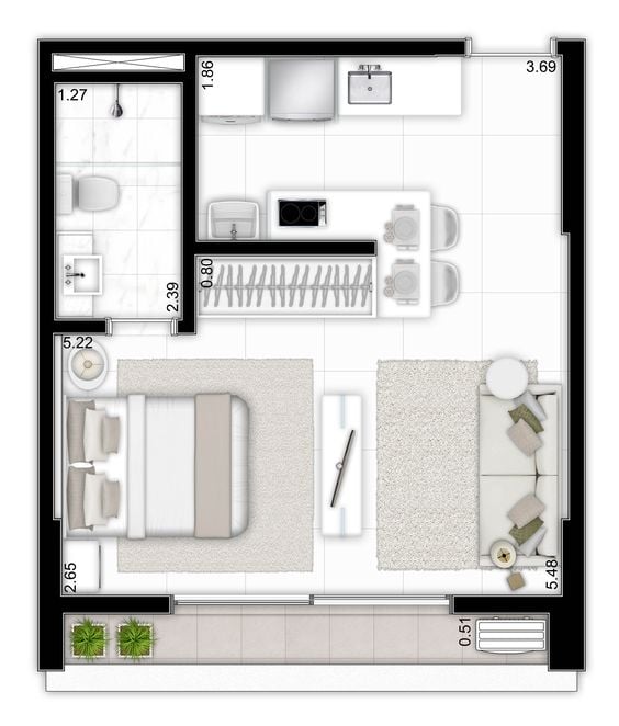 Kitnet plan in black and white.