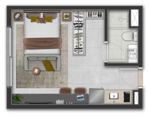 Kitnet plan with custom furniture.