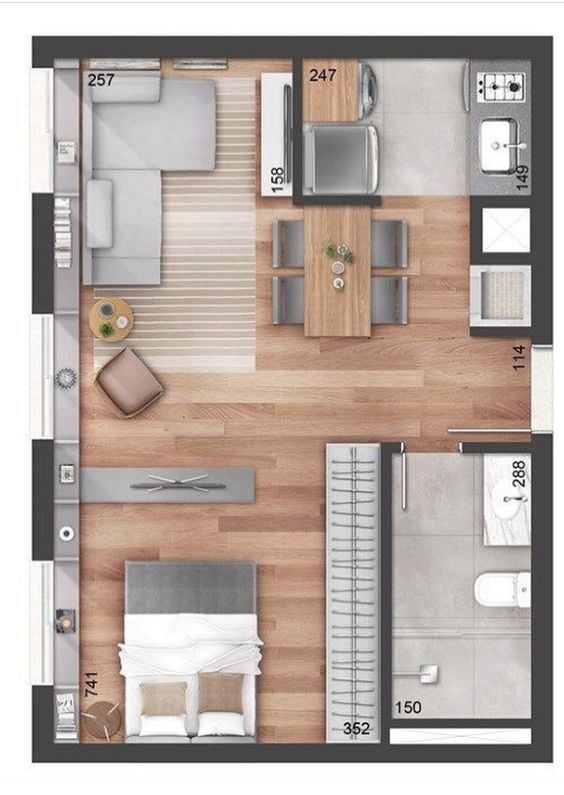 Spacious kitchenette plan.