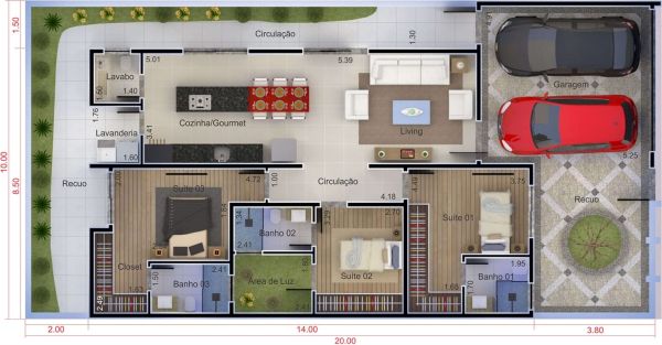 House with 3 bedrooms with measurements.