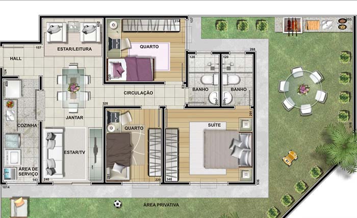 House with 3 bedrooms and barbecue area.