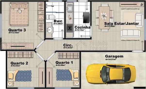 House with 3 bedrooms, two of which are the same.