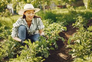 Mulher cuidando de horta usando chapéu de palha, camisa xadrez e calça jeans, como cultivar verduras