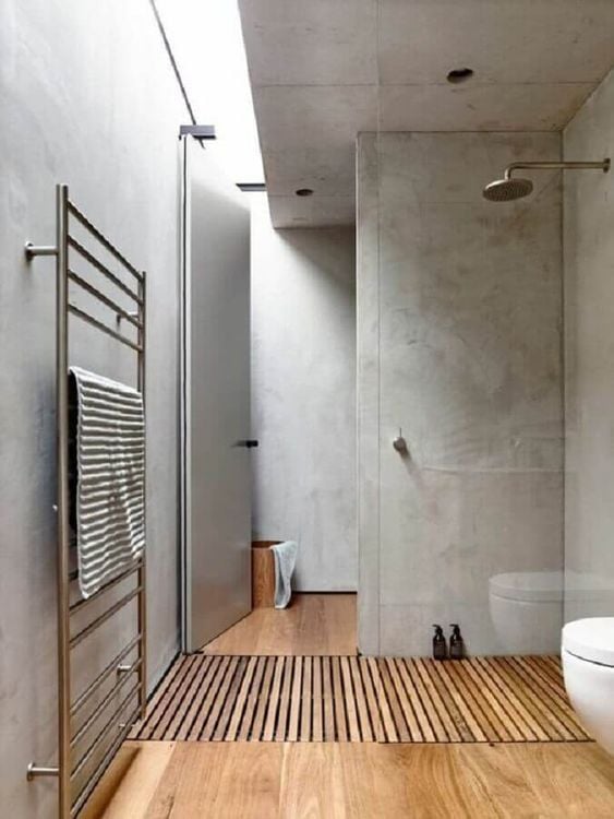 Gray and woody bathroom.