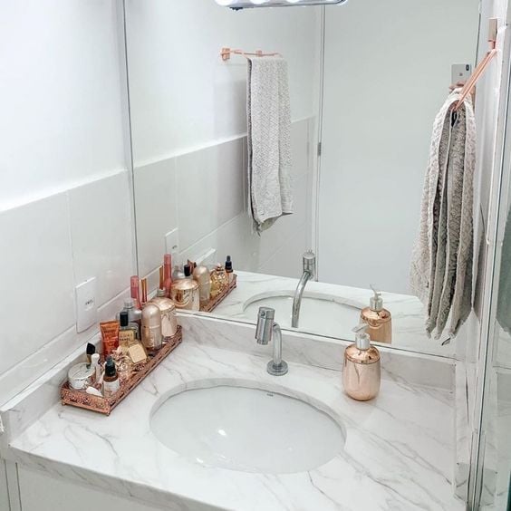 Organized bathroom with tray.