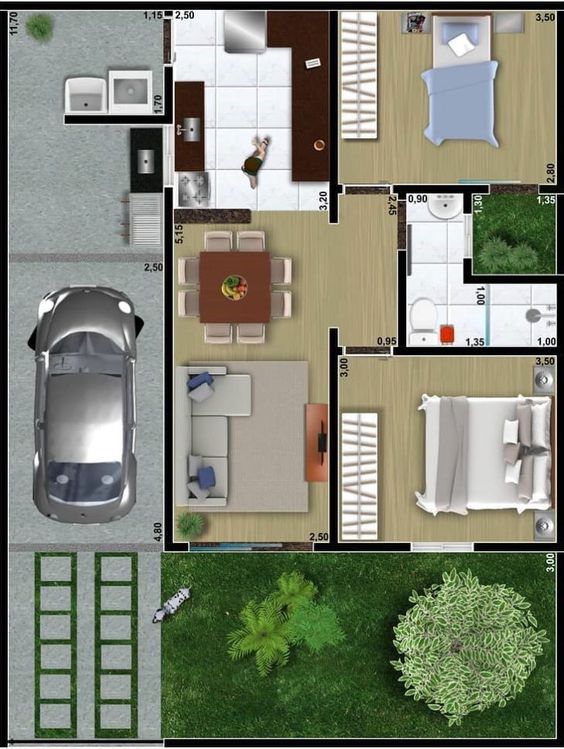 House plan with two bedrooms with garden next to the bathroom.