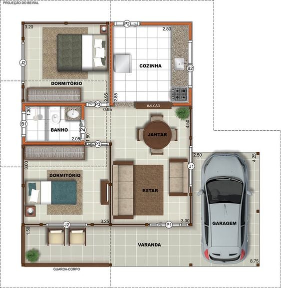 House plan with two bedrooms and garage for one car.