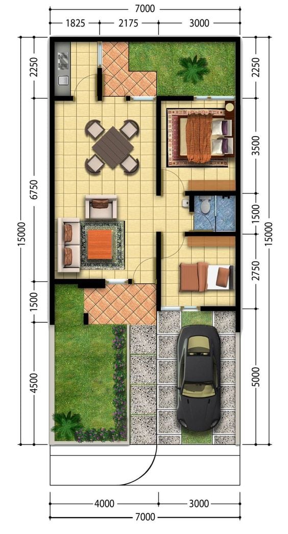 Two bedroom house plan with measurements.