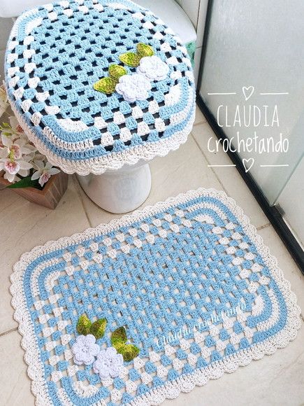 Blue and white bathroom rug.