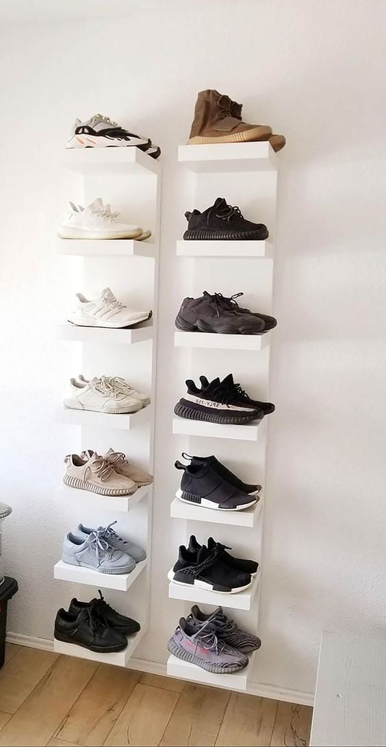 Shelf for bedroom with shoes in decoration.